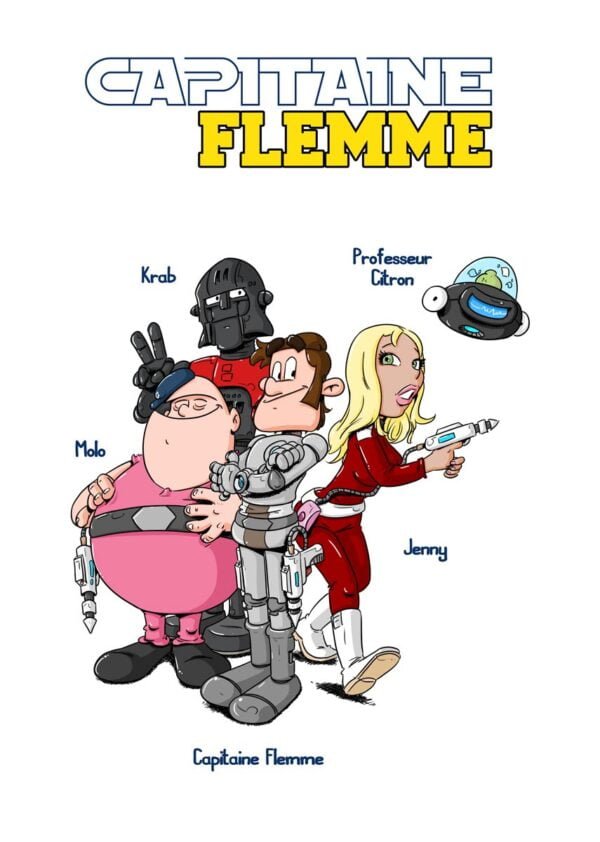 Le capitaine flemme entouré de ses fidèles amis, krab, molo, le professeur citron et celle qui est folle de lui, jenny.