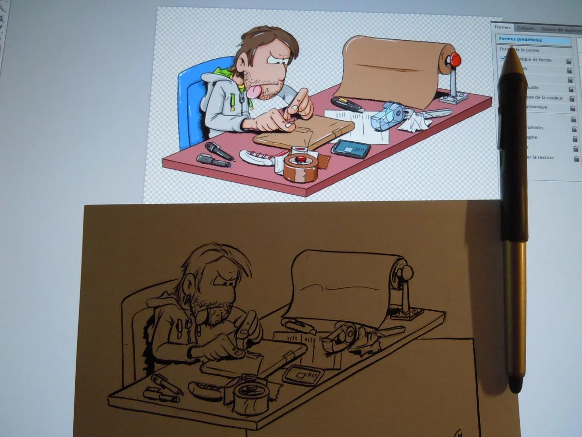 Dessin original de l'illustration MC 007 en couleur en haut.