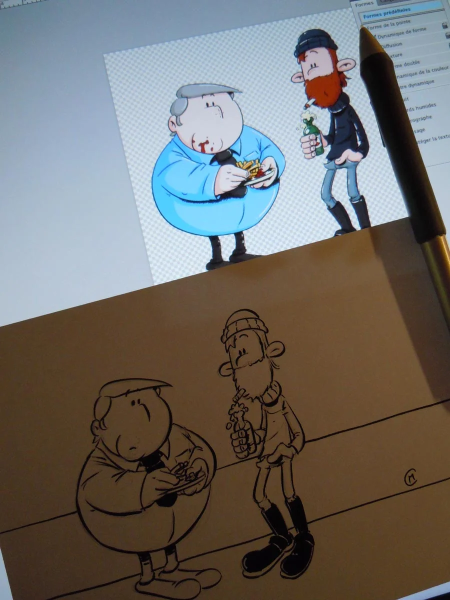 Dessin original de l'illustration MC 008 en couleur en haut.