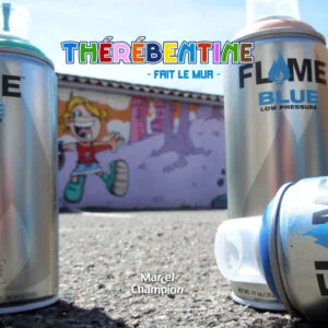 Couverture de l'album avec la fresque de Thérébentine au second plan et des bombes de peinture au premier.