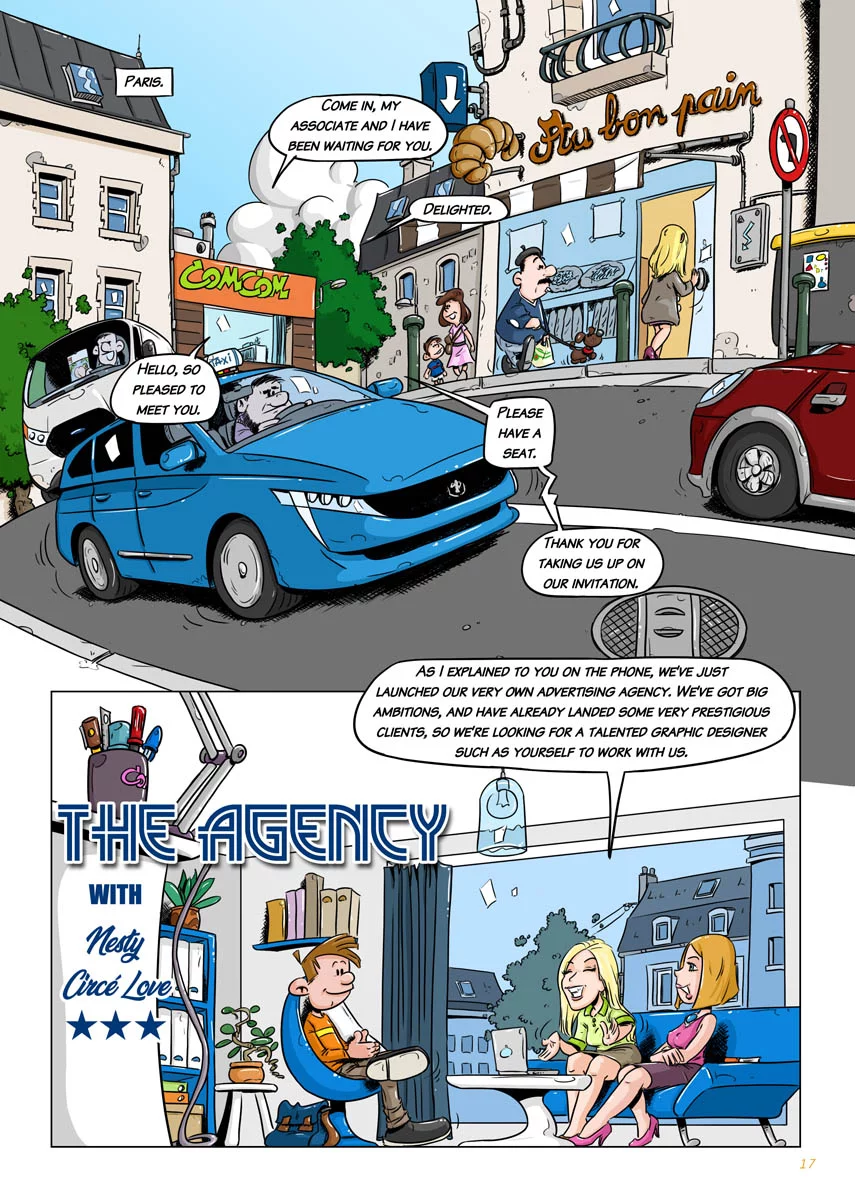 Début de la BD The agency. La scène se déroule en centre ville dans une agence de communication.
