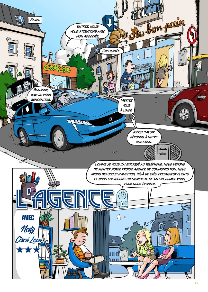 Début de la BD The agency. La scène se déroule en centre ville dans une agence de communication.