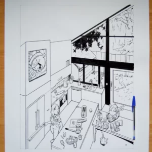 Dessin à l'encre de chine de Thérébentine et sa maman en train de prendre leur petit déjeuner.