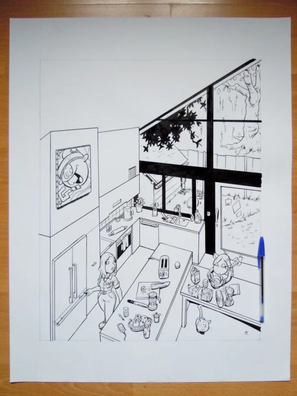 Dessin à l'encre de chine de Thérébentine et sa maman en train de prendre leur petit déjeuner.