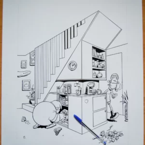 Dessin à l'encre de chine du commandant Lapince et du Brigadier Domino en plein travail.