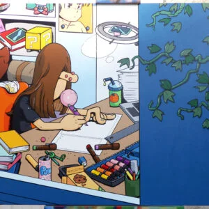 Peinture sur toile représentant Pétaroo, le frère de Thérébentine en train de dessiner dans sa chambre d'ado.