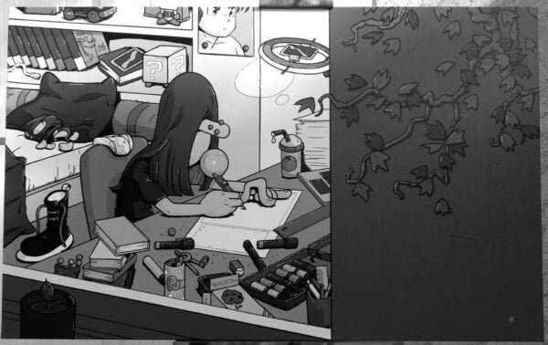 Image en noir et blanc de la peinture avec Pétaroo.