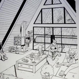 Dessin à l'encre de chine sur papier épais. Pétaroo et ses amis sont dans un chalet à la montagne au coin du feu en attendant que la tempête de neige cesse pour aller skier.