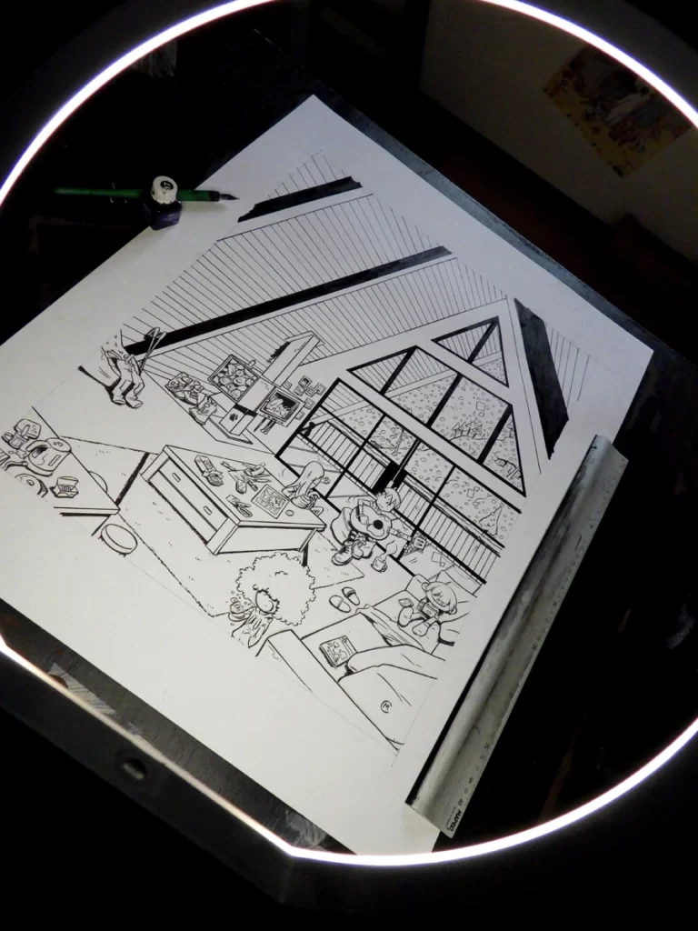 Photo du dessin de pétaroo et ses amis à la neige. Dessin à l'encre de chine entouré d'un cercle lumineux.
