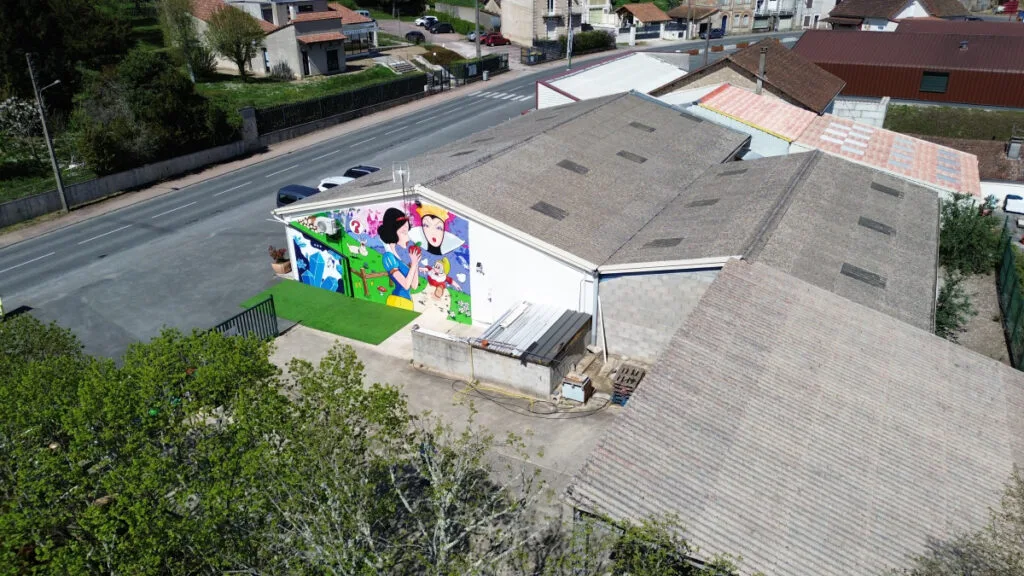 Photo aérienne de la fresque de Blanche Neige par drone. On voit une vue très large du bâtiment sur lequel la fresque est peinte. Fresque réalisée par Marcel Champion.