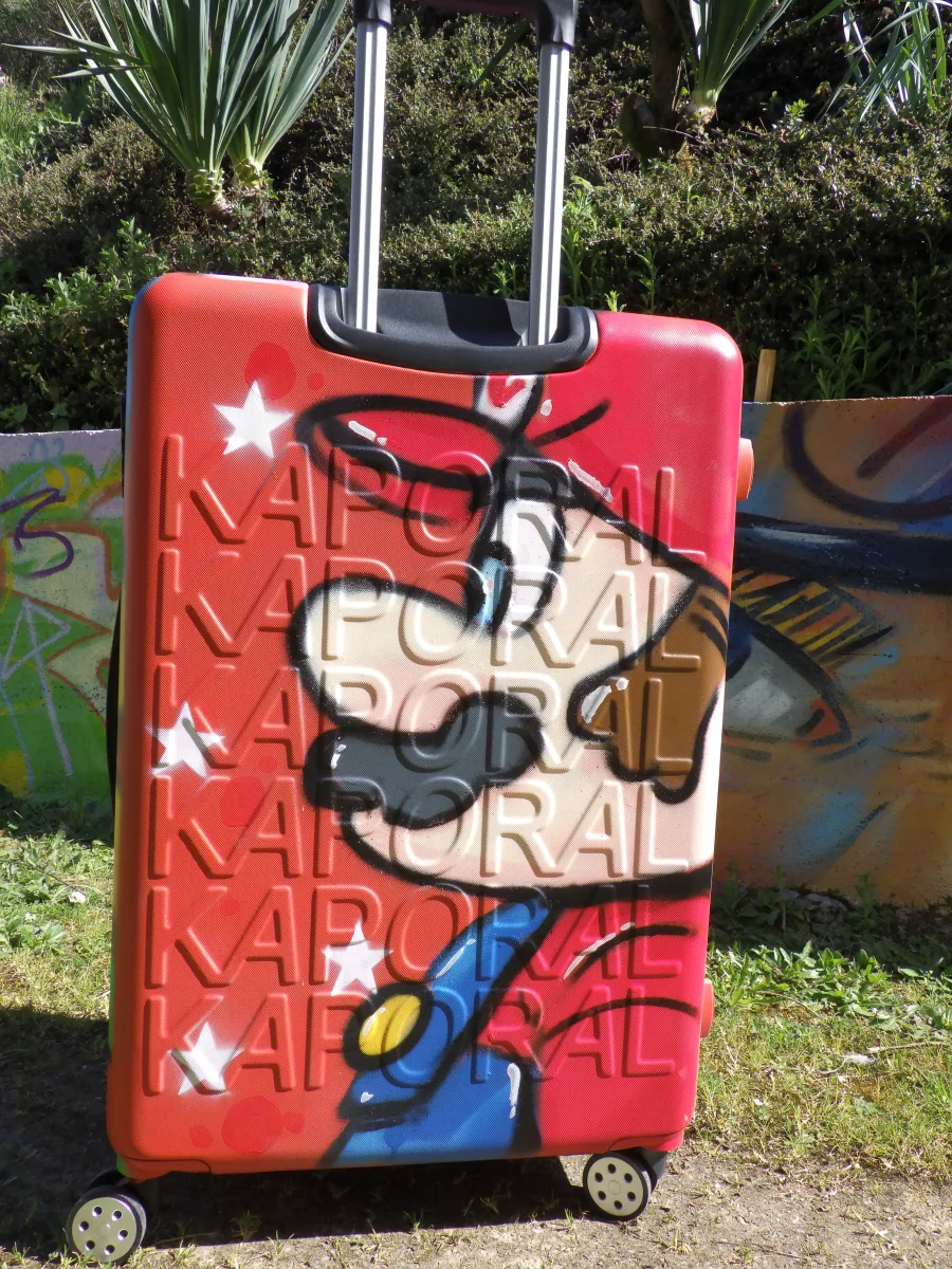 Photo de la valise Mario et Luigi. On voit la côté Mario avec la poignée déployée. Une belle façon de voyager avec style.