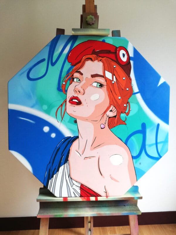 Photo de face de la peinture sur panneau STOP représentant Marianne drapée dans le drapeau français.