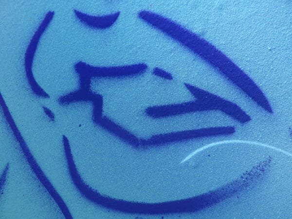Gros plan sur une partie d'un tableau fait au pochoir. On y voit la bouche d'une jeune femme en bleu foncé sur un fond bleu clair. Les détails montrent les gouttes de peinture issues de la bombe de peinture utilisée.