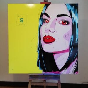 Vue d'ensemble de la toile soufre de Marcel Champion. La toile est présentée sur un chevalet de grande taille devant un mur blanc.