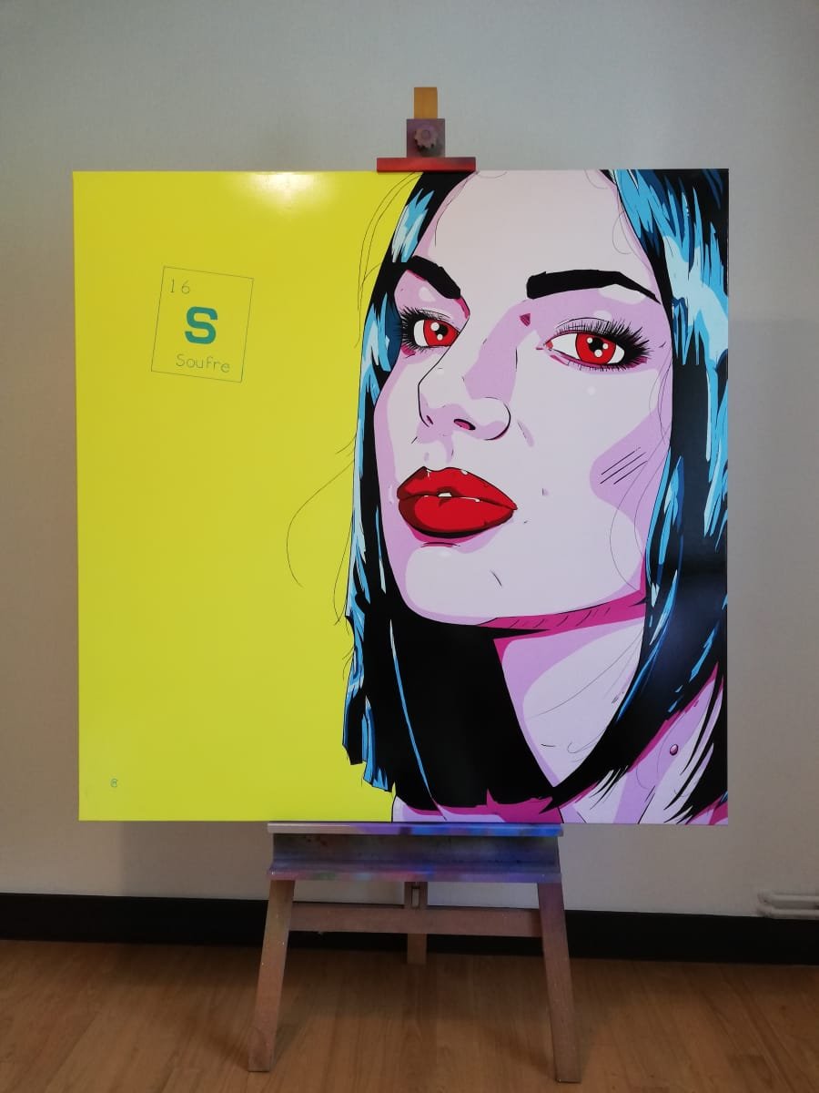 Vue d'ensemble de la toile soufre de Marcel Champion. La toile est présentée sur un chevalet de grande taille devant un mur blanc.