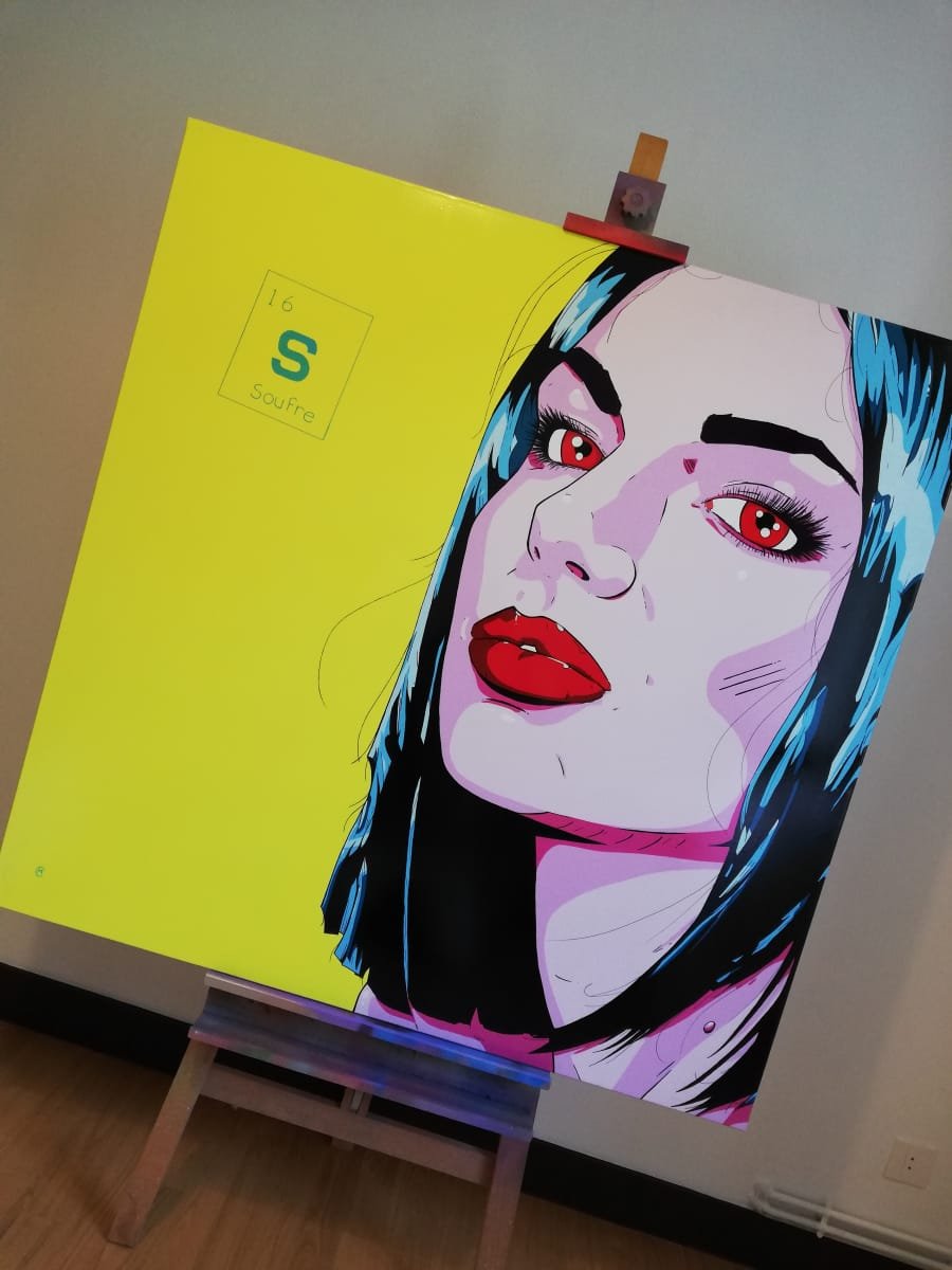 Vue différente de la toile "soufre" par Marcel Champion. On voit bien la grandeur de la toile sur cette photo. Une peinture faite pour es grands espaces.