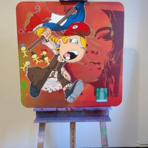 Œuvre street-art percutante réalisée directement sur un authentique panneau de signalisation routière : Thérébentine, l’emblématique héroïne de la BD franco-belge, surgit en pleine révolte, bonnet phrygien vissé sur la tête et drapeau tricolore brandi haut. Elle réinvente avec furia le tableau « La Liberté guidant le peuple » de Delacroix sur fond rouge incandescent, tandis que des petits bonhommes jaunes paniqués s’enfuient et qu’une plaque « LIBERTÉ » détourné » achève la provocation. Détournement génial d’un panneau signalétique en toile engagée, fusion parfaite entre BD culte, histoire révolutionnaire française et art urbain contemporain. Thérébentine sur panneau signalétique, street art sur panneau de rue, détournement Delacroix, Liberté guidant le peuple version graffiti, art urbain révolutionnaire français, peinture contemporaine sur signalisation routière