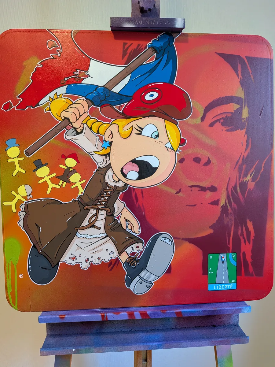 Thérébentine gros plan, Thérébentine bonnet phrygien, street art Thérébentine sur panneau routier, Marianne version BD, Delacroix revisité BD franco-belge, art urbain révolutionnaire 2025