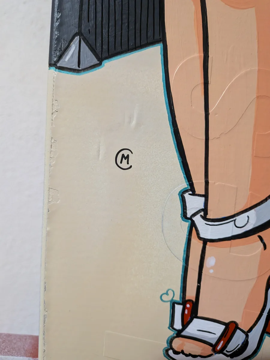 Gros plan sur la partie inférieure de la peinture. On voit les détails sur les chaussures de Circé et sur son attaché case.